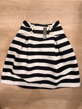 Striped Black and White Button-Accent A-line Midi Skirt